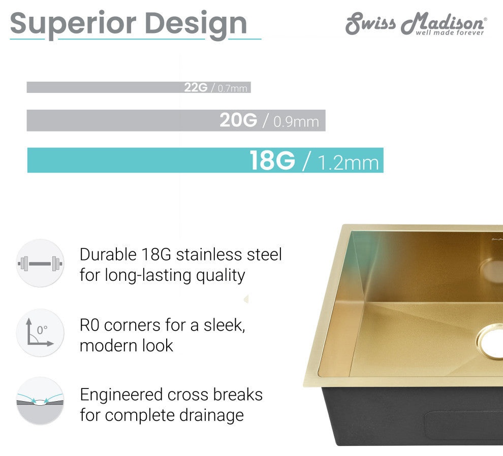 Plaisir 27"x19" Stainless Steel, Undermount Kitchen Sink, Gold