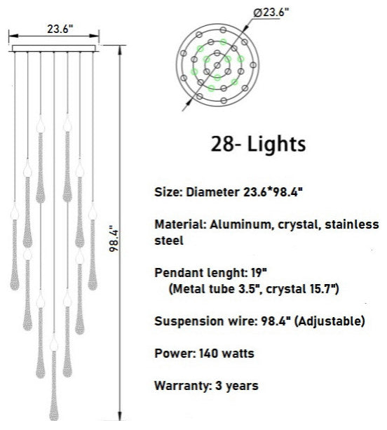 Luxury modern crystal chandelier for staircase, living space, bathroom., 28 Lights