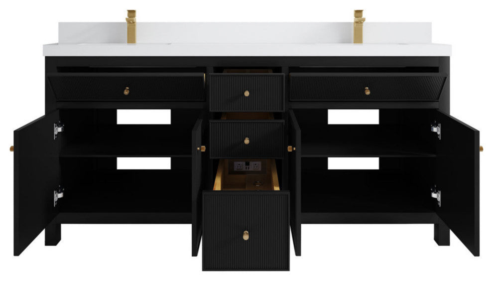Sonoma 72 Double Sink Reeded Bath Vanity in Black 2" White Quartz