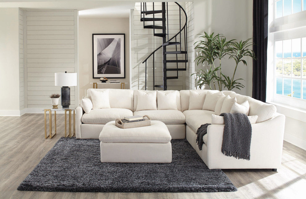 Linen-Like Fabric Cushion Seat Ottoman, Off-White