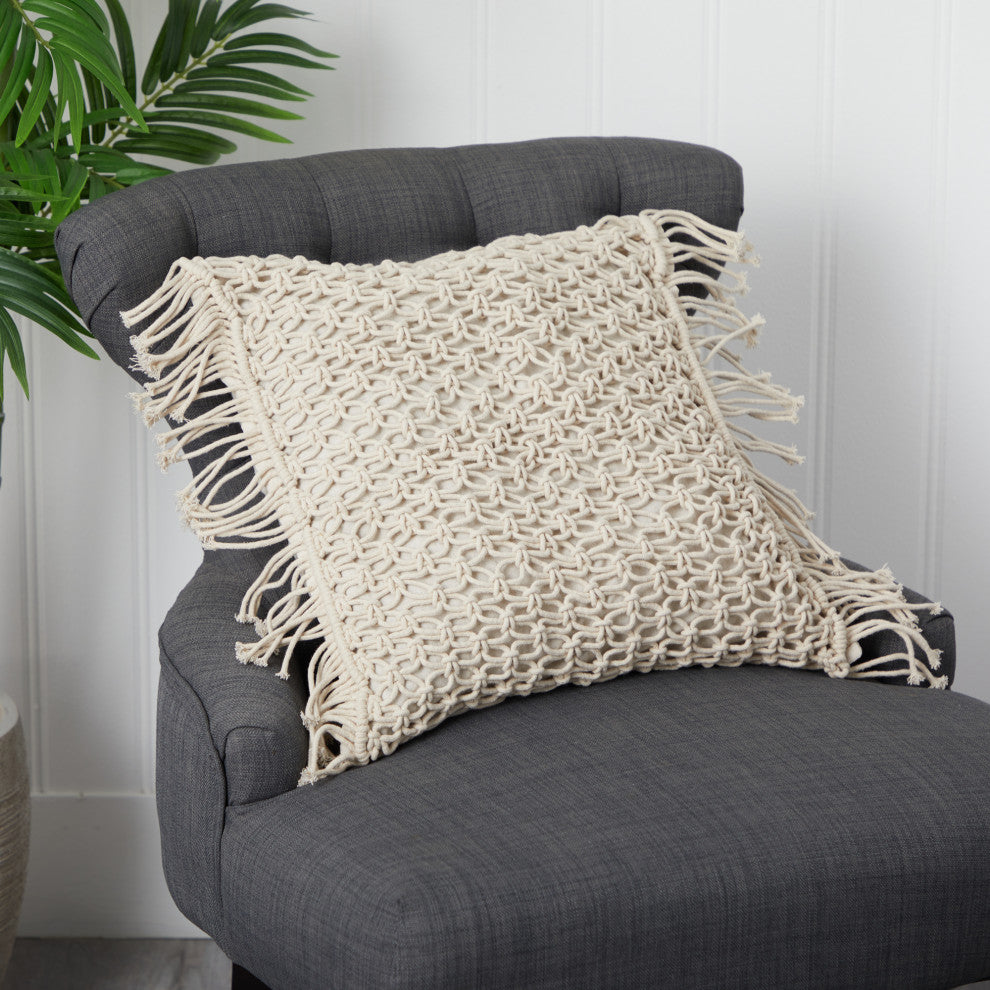 18" Boho Fringed Woven Macrame Decorative Pillow Cover