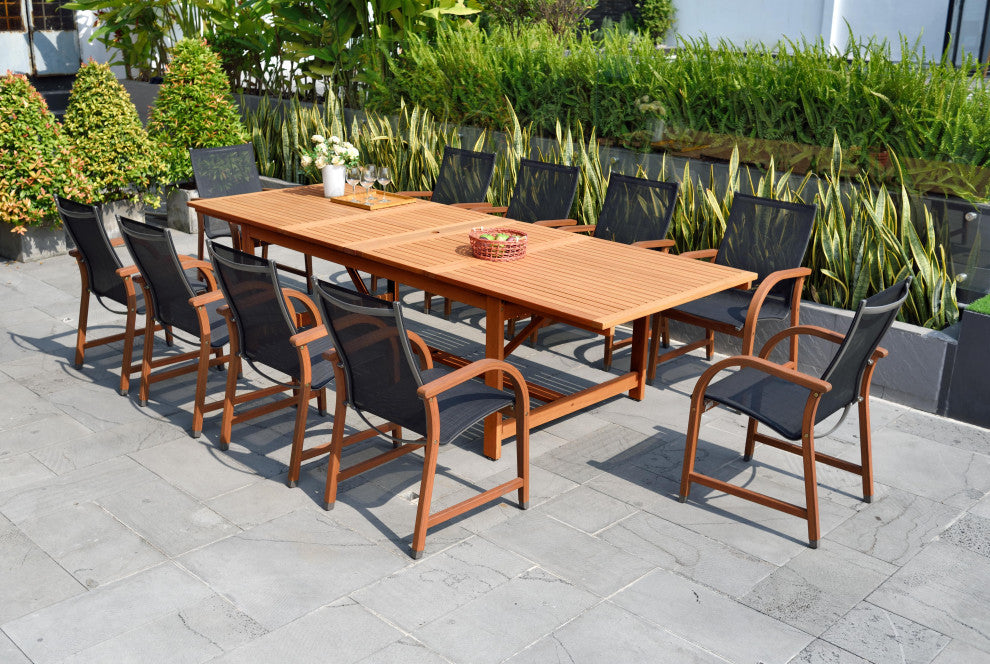 Affleck 11-Piece Eucalyptus Extendable Rectangular Patio Dining Set, Dark Brown