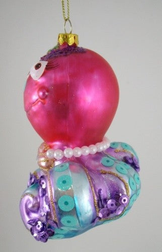 Pretty Pink and Purple Coastal Octopus Glass Christmas Holiday Tree Ornament