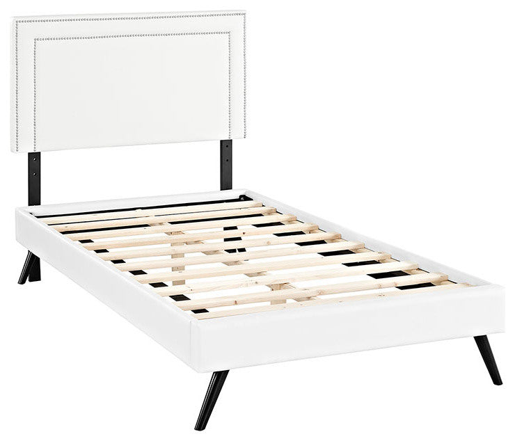 Jessamine Twin Vinyl Platform Bed With Round Splayed Legs, White