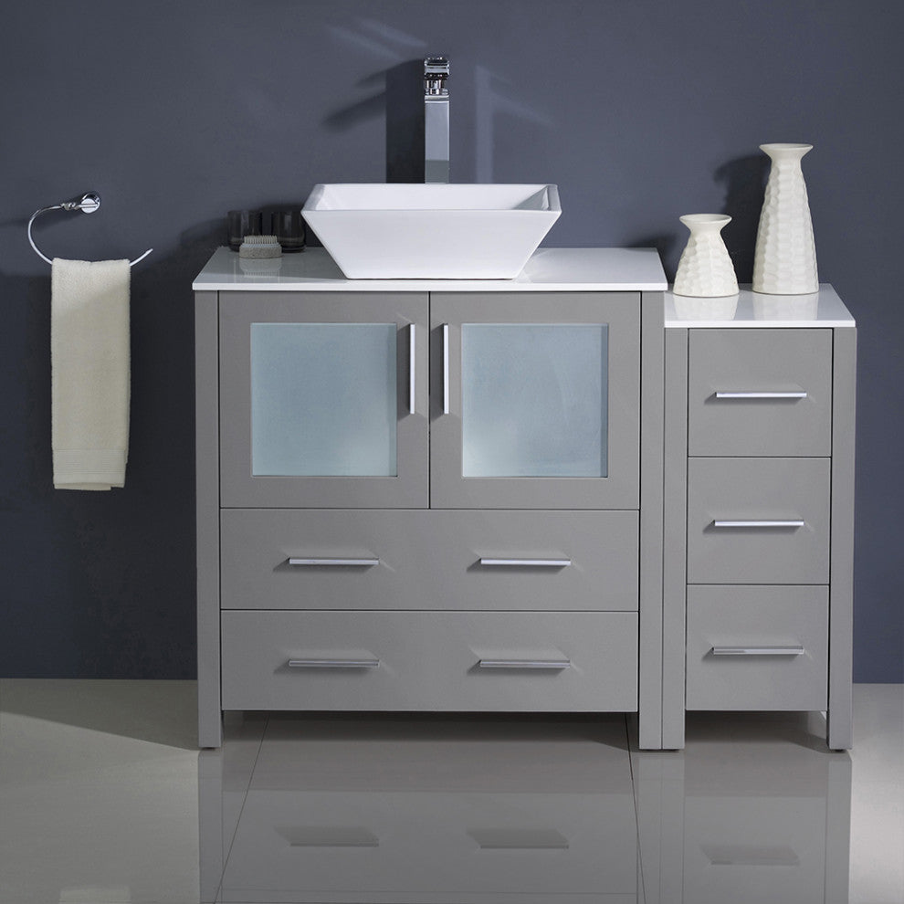 Torino Modern Bathroom Cabinets With Top and Vessel Sink, Gray, 42"