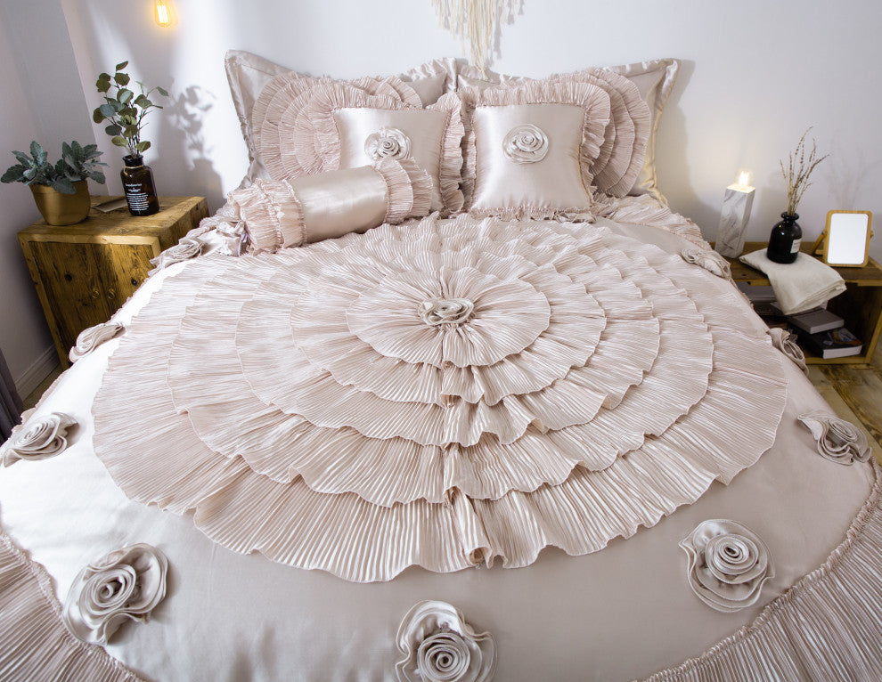 Frosted Fields Faux Satin Luxury Ruffle Comforter Set, California King, Cal King