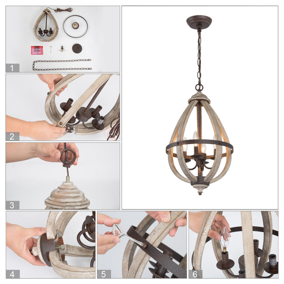 LNC Pitaya 4-Light Farmhouse Antique Wood Lantern Cage Chandelier