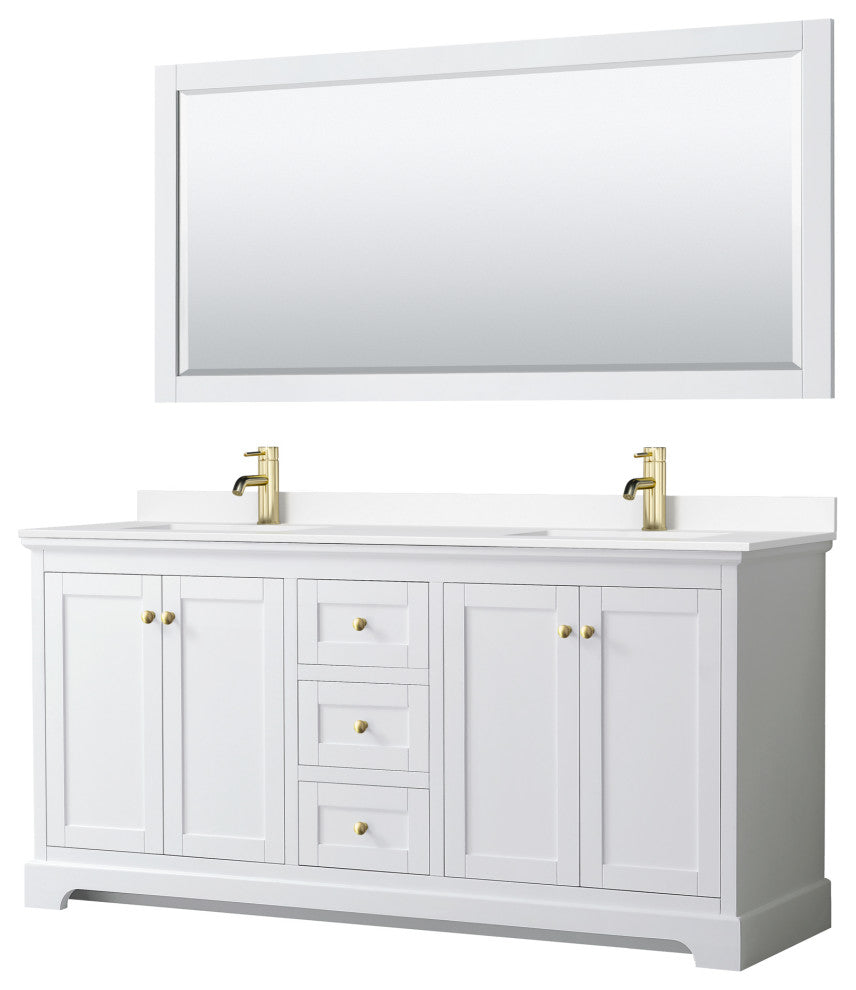 72"DBL Vanity White, White Cult. Marble Countertop, Sinks, 70"Mirror, Gold Trim