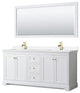 72"DBL Vanity White, White Cult. Marble Countertop, Sinks, 70"Mirror, Gold Trim