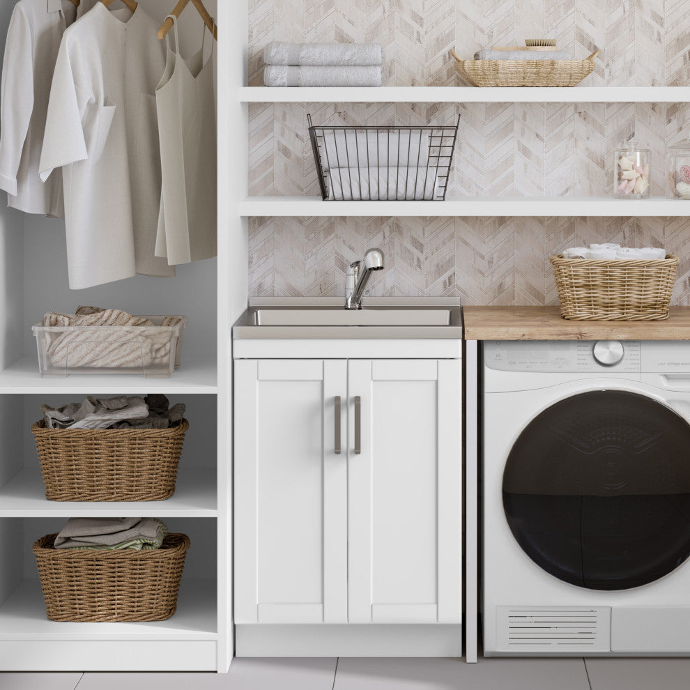 Kyle 24" Laundry Cabinet With Faucet and Stainless Steel Sink, White, 24"