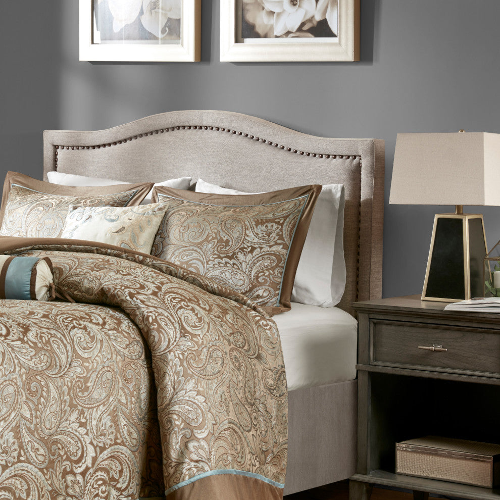 Madison Park Nadine Upholstered Bed Headboard Nailheads Accent, Taupe, King