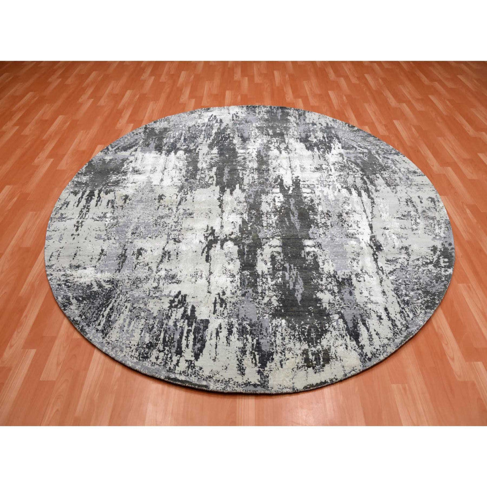 Charcoal Gray Wool and Silk Denser Weave Hand Knotted Round Rug, 8'2"x8'2"