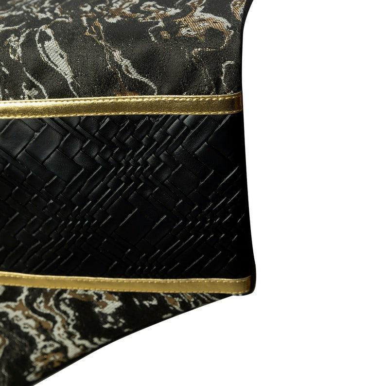 Table Runner Black Faux Leather Jacquard, Tassles Marble - Leather Runway