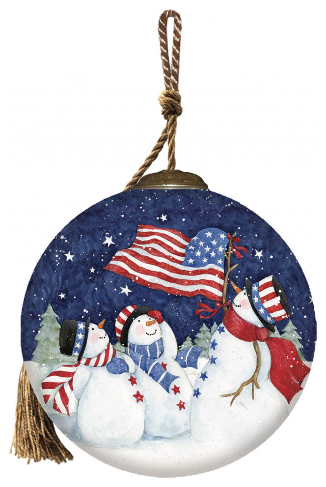 Three Snowman and an American Flag Hand Painted Mouth Blown Glass Ornament