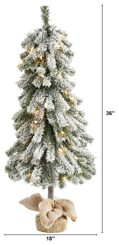 3' Flocked Alpine Xmas Faux Tree W/50 Lights, Bendable Branches & Burlap Planter