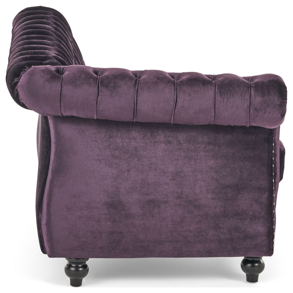 Renee 5 Seater Velvet Tufted Chesterfield Sectional, Blackberry, Dark Brown
