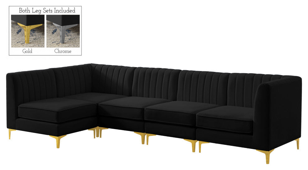 Alina Velvet Modular L-Shaped Modular Sectional, Black, 5-Piece: 3 Armless Chair, 2 Corner Chair