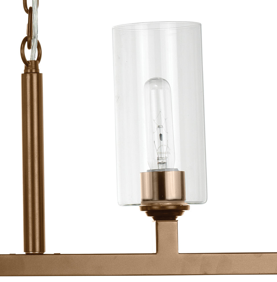 Linear 6 Light Chandelier, Antique Brass and Clear Glass