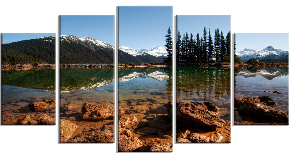 Beautiful Clear Lake with Pine Trees, Landscape Canvas Print, 60"x32", 5 Panels