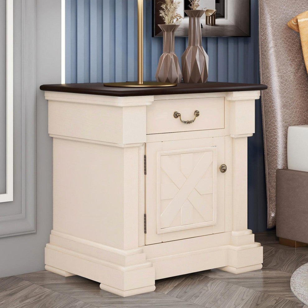 1 Drawer Wood Nightstand with USB Ports, Antique White