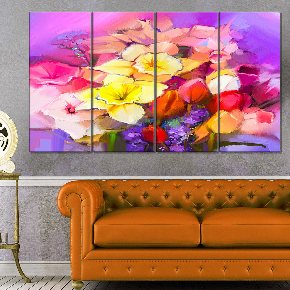 Bouquet of Daffodil and Tulip Flowers, Floral Canvas Print, 48"x28", 4 Panels