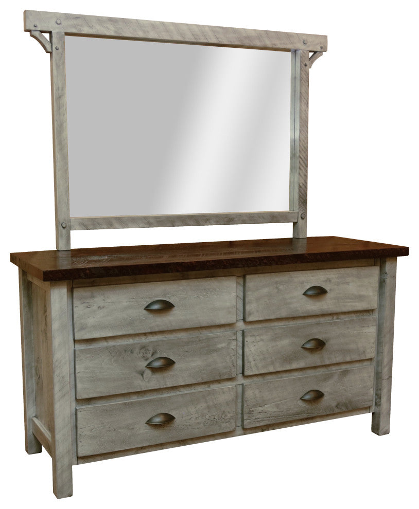 Rustic Barn Wood Style Timber Peg 6-Drawer, Thunder White and Michael's Cherry, Dresser and Mirror