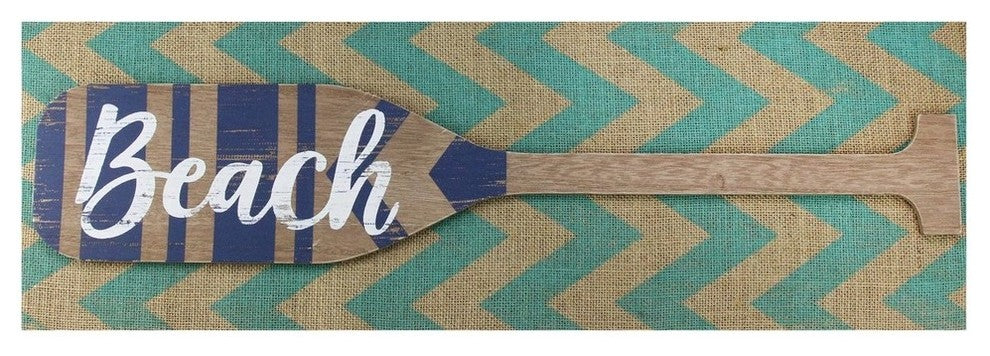 Aqua Blue Chevron Burlap With "œBeach" Wood Look Oar Linen Wall Art 24"