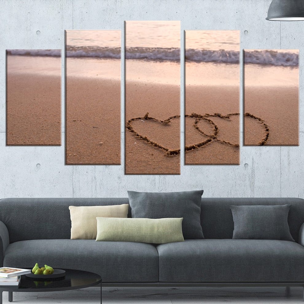 "Two Hearts Drawn on The Beach" Seascape Art Canvas, 5 Panels, 60"x32"