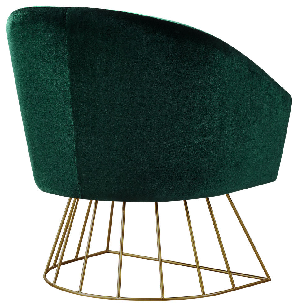Alice Velvet Barrel Accent Chair With Metal Base, Green and Gold