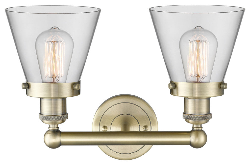 Edison Small Cone 2-Light 16" Vanity Light, Antique Brass Finish, Clear Shade