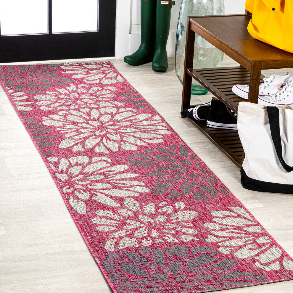 Zinnia Modern Floral Textured Weave Indoor/Outdoor, Fuchsia/Light Gray, 2x8