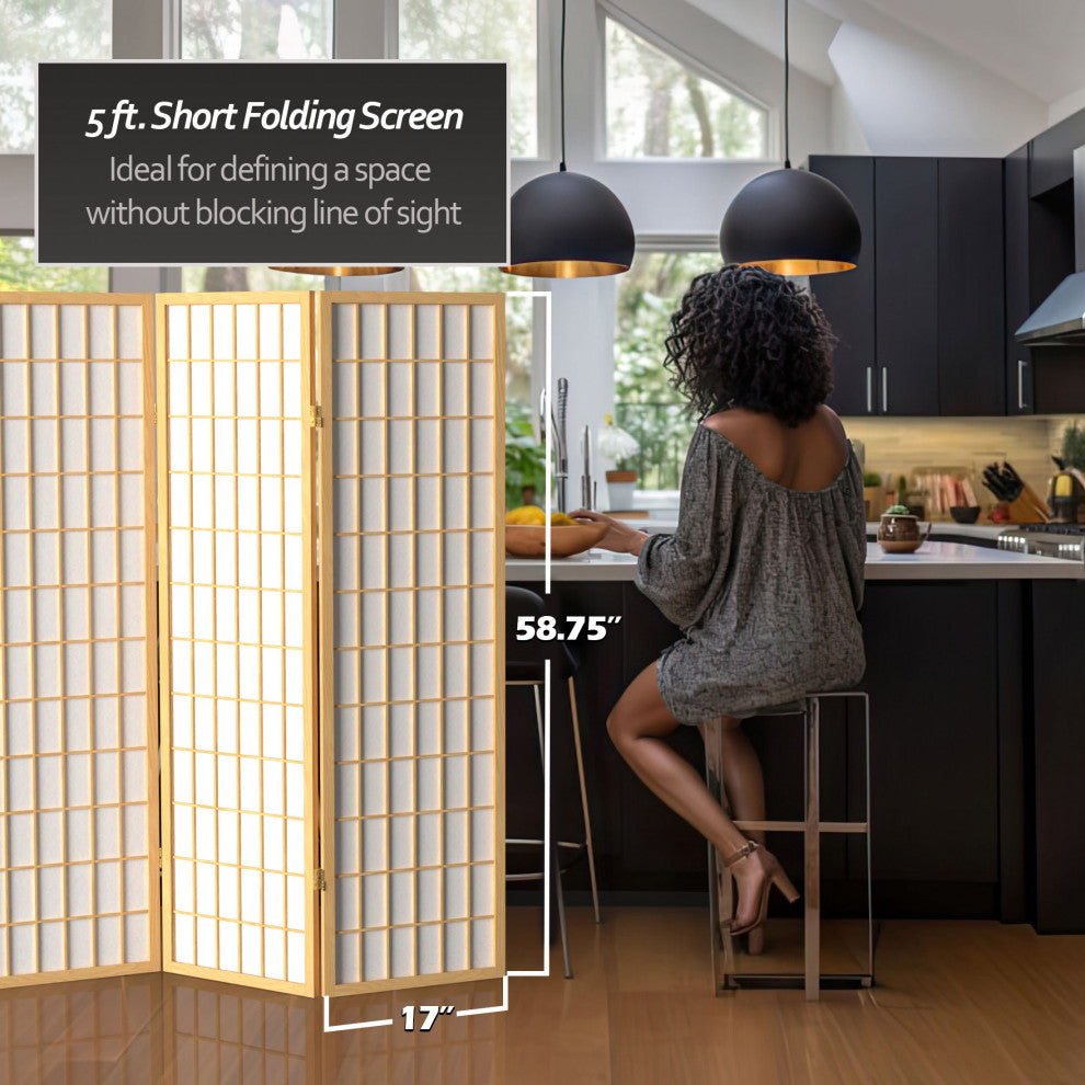 5' Tall Window Pane Shoji Screen, Natural, 5 Panels