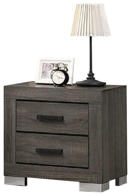 2 Drawers Wood Nightstand With Black Handles, Gray