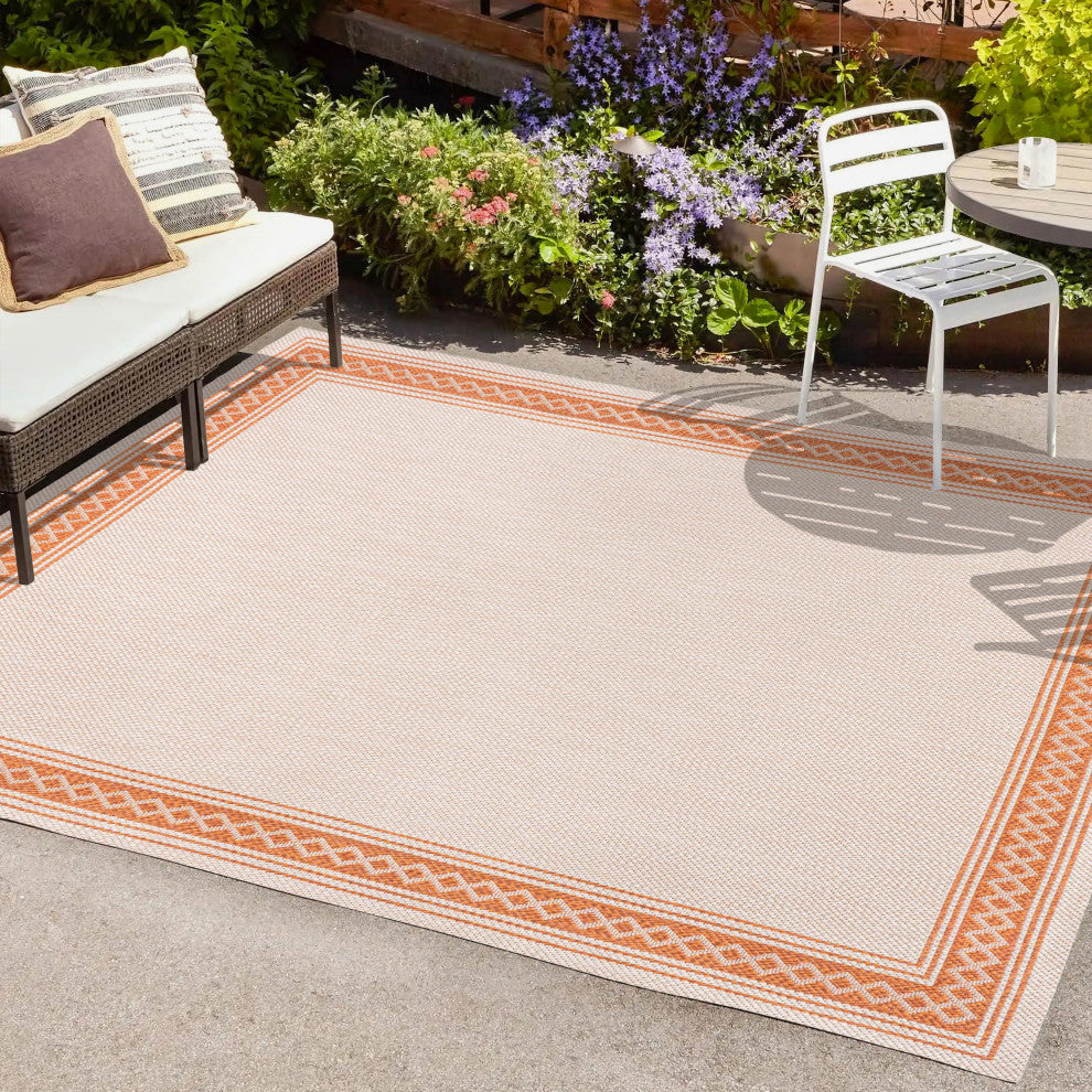 Lucia Classic Diamond Border Indoor/Outdoor Area Rug, Cream/Orange, 5x8