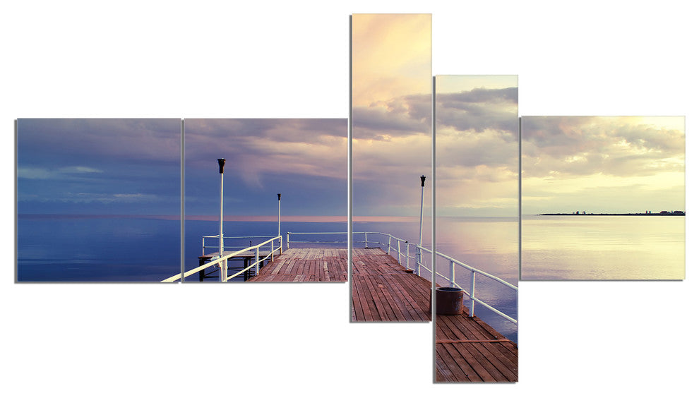 Pier Under Bright Sky, Seascape Canvas Art Print, 60"x32", 5 panels