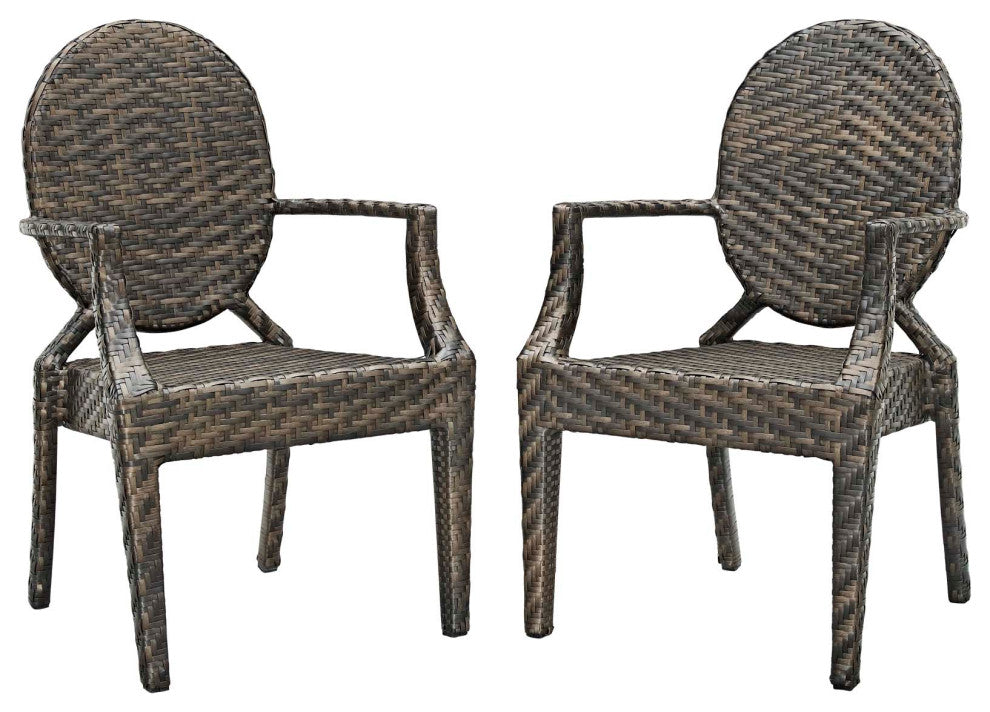 Side Dining Chair Armchair, Set of 2, Rattan, Wicker, Brown, Modern, Outdoor
