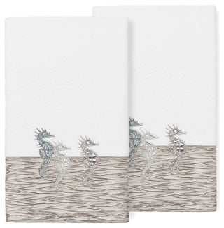 100% Turkish Cotton Sofia 2-Piece Embellished Bath Towel Set, White / Gray