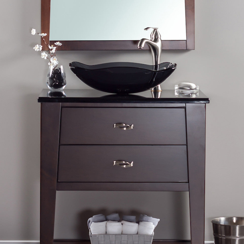 Rettangolare Clear Grey Scalloped Tempered Glass Vessel Sink and Drain, Brushed Nickel