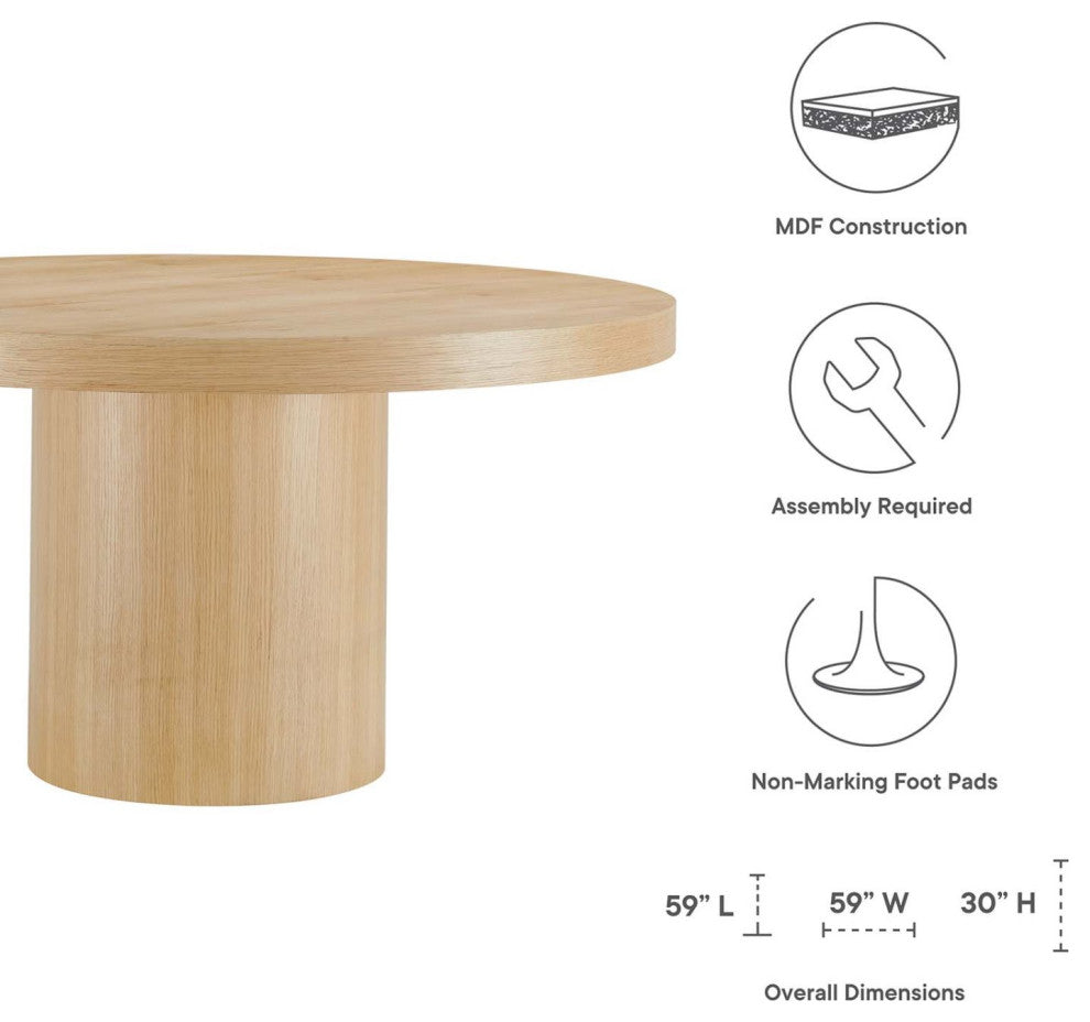 60 Inch Dining Table, Brown Oak, Round