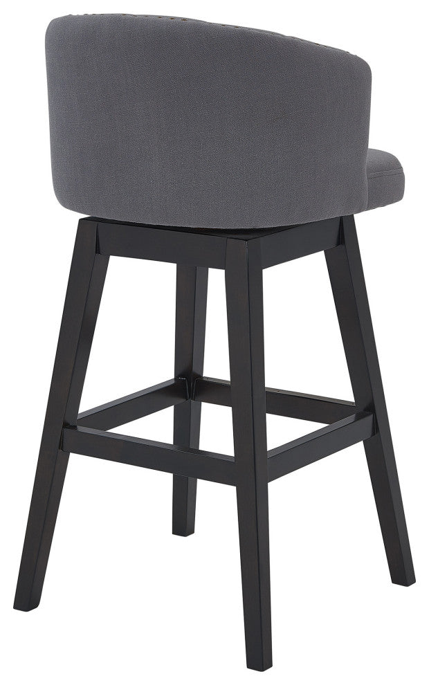 30" Gray Tufted Fabric and Dark Espresso Wood Swivel Bar Stool