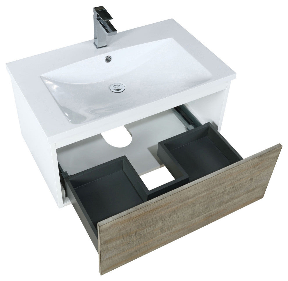 Scopi 30 Rustic Acacia Vanity, Acrylic Top With Sink, Gun Metal Faucet Set