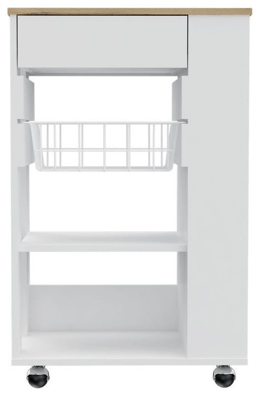 Shelton Kitchen Cart with 5 Open Shelves, Rack, and 4 Casters, White/ Light Oak