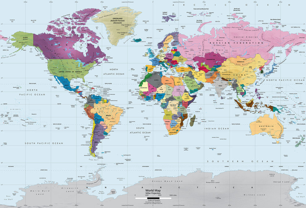 World Map Wall Mural, Colorful, 3 panel, 125"x84"