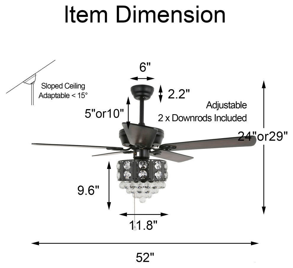 Crystal Ceiling Fan with Remote 5 Blades 52Inch, Black