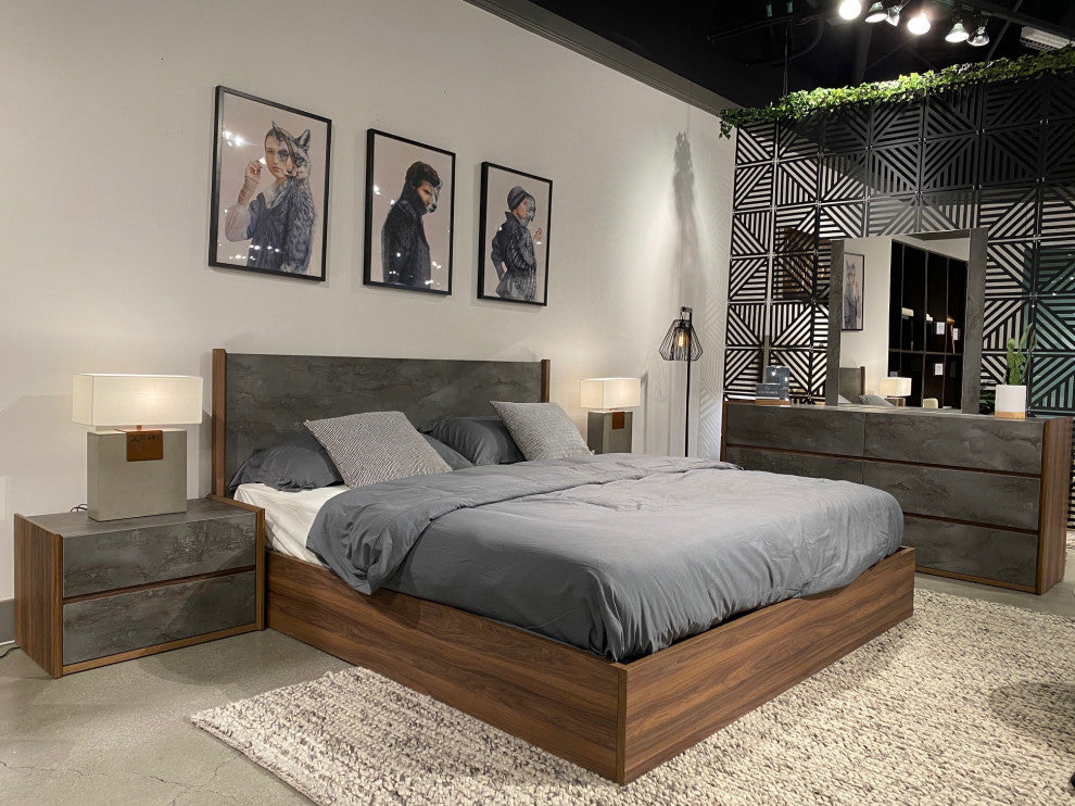 Nova Domus Rado Modern Walnut and Volcanic Slate Bed, Queen