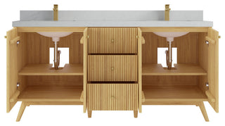 Pasadena 72 Double Sink Bath Vanity in Light Natural Teak 2" Carrara Quartz