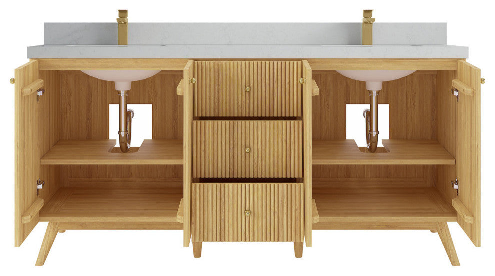Pasadena 72 Double Sink Bath Vanity in Light Natural Teak 2" Carrara Quartz