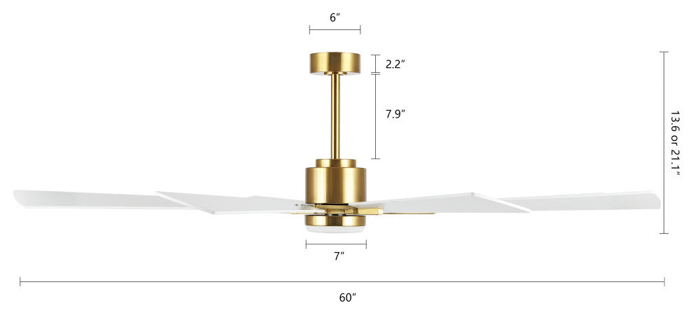 60" Reversible 8-Blade LED Ceiling Fan With Remote and Light, Gold/White