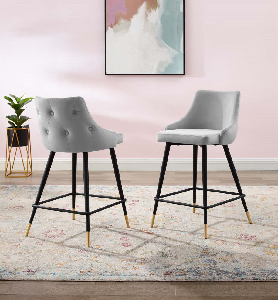 Counter Stool Chair, Set of 2, Velvet, Gray, Bar Pub Cafe Bistro Restaurant
