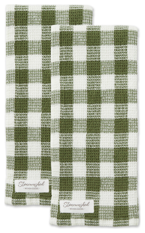 Olive Checker Washed Waffle Dishtowel (Set of 2)